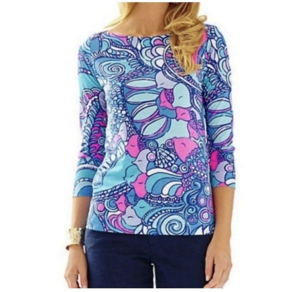 Lilly Pulitzer Tops - Lilly Pulitzer Women L Alida Boatneck 3/4 Sleeve Top Multi Sea Jewels Blue Pink